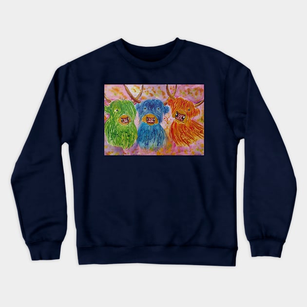 Colourful, Quirky Highland Cows Crewneck Sweatshirt by Casimirasquirkyart